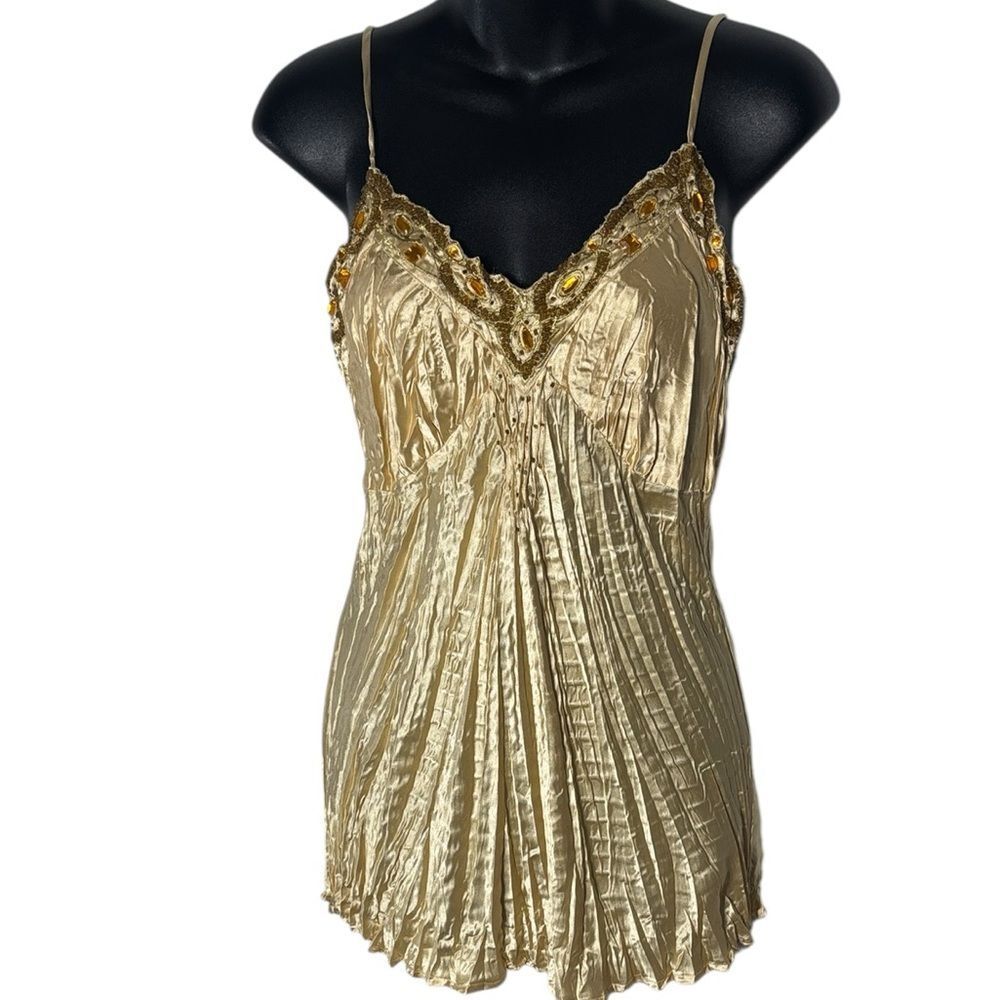 Vintage Deadstock y2k babydoll tank top gold crinkle beaded rhinestone ethereal